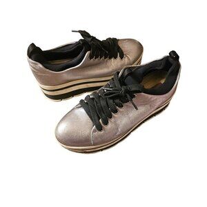 Prada Platform Silver Metallic Sport Leather Sneaker Shoes SZ 37